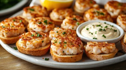 Crispy Coconut Shrimp Appetizers with Fresh Herb Dipping Sauce Served on White Plate Perfect for Parties and Seafood Lovers