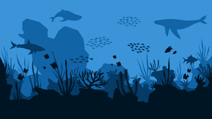Underwater landscape of shipwreck with coral reefs scenery. Panoramic view of undersea with fishes and sunken ship. Vector illustration of scenic seascape with aquatic ecosystem and marine vegetation