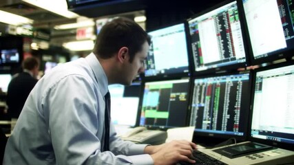 Focused Finance Professional Analyzing Stock Market Data on Multiple Monitors in a Dynamic Trading Environment - Powered by Adobe