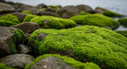 Close Up Vibrant Green Moss Covering Dark Rocks Near Ocean Water