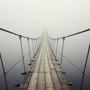 Fototapeta Wooden rope bridge floating in foggy landscape