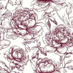 Intricate Floral Pattern Featuring Peonies Flower Design: Vintage Botanical Illustration with Soft Colors for Elegant Textile Prints and Romantic Wallpaper Art