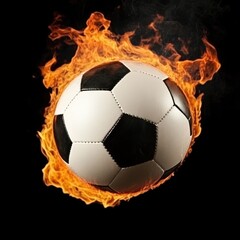 Fototapeta premium A soccer ball engulfed in flames against a black background. Fiery, intense, and dramatic image of the ball in mid-air, with vibrant orange and yellow flames surrounding it