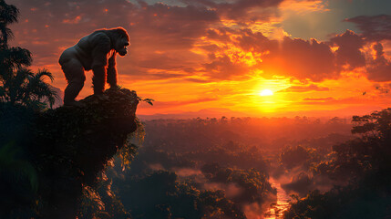 A gorilla is on top of a mountain with a purple sky in the background