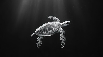 Obraz premium Underwater sea turtle, grayscale, sunbeams. Silhouetted, serene, swimming in deep ocean
