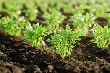 Rows of young parsley plants growing in dark soil in a garden bed
