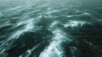 Abstract Ocean Waves with Geometric Grid Overlay - Deep Sea Network Concept