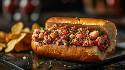 Delicious lobster roll sandwich with fresh chopped lobster meat mixed with herbs in a toasted bun served alongside crispy potato chips on a dark surface with blurred background