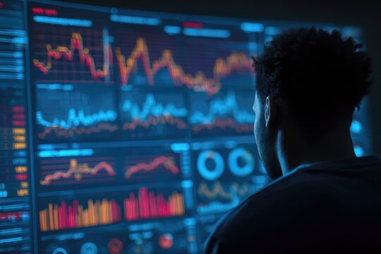 Investor reviewing world stock market graphs highlighting trends and financial data futuristic trading platform
