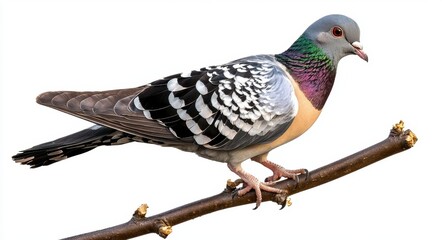 Multicolored Pigeon Perched on Branch Against White Background