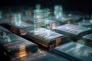 Machine learning AI generating structured academic papers data-driven algorithms shaping information futuristic AI workspace