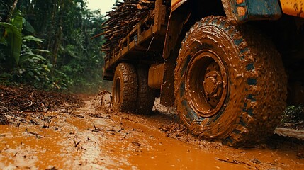 Muddy truck traversing a rainforest road