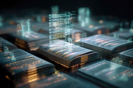 Machine learning AI generating structured academic papers data-driven algorithms shaping information futuristic AI workspace