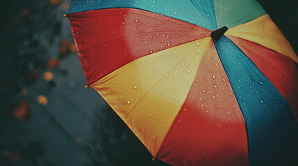 Mid-range view of colorful umbrella tilted during rainfall with visible droplets bouncing off surface, capturing seasonal weather energy and vibrant outdoor textures in rainy backdrop