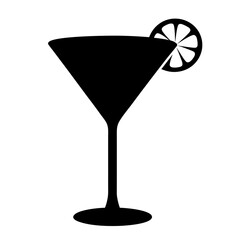 martini glass with lemon twist vector silhouette icon, black and white illustration of drinks.