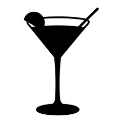 martini glass with lemon twist vector silhouette icon, black and white illustration of drinks.