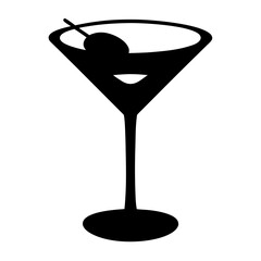 martini glass with olive vector silhouette icon, black and white illustration of drinks.
