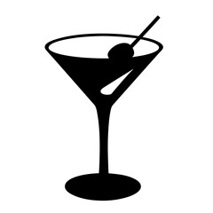 martini glass with olive vector silhouette icon, black and white illustration of drinks.