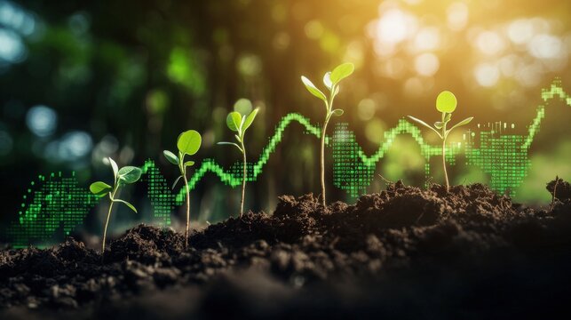 Growing Plants in Soil with Digital Graphs and Data Overlay Representing Sustainable Agriculture and Environmental Growth Monito Technology