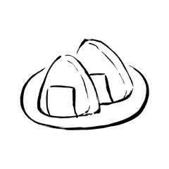筆タッチの皿に乗ったおにぎりのイラスト