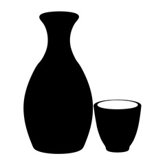 sake bottle and cup vector silhouette icon, black and white illustration of drinks.