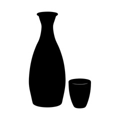 sake bottle and cup vector silhouette icon, black and white illustration of drinks.
