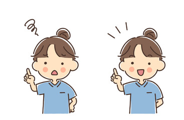 指を立てているスクラブ姿の女性セット（困り顔・笑顔）