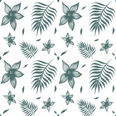 Seamless Tropical Floral Pattern with Leaves and Flowers in Soft Green Tones