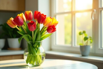 A bouquet of colorful tulips in a vase, sunlight streaming through a window , spring time, Tulips, nature