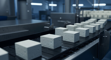 Close-Up White Tofu Cubes Moving Along Conveyor Belt in Blue Tone Factory Food Production Automation Equipment and Industrial Process