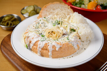 Pane cream pasta on white plate
