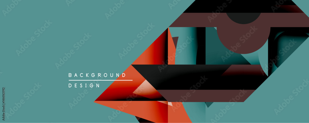 Poster Abstract geometric composition. Overlapping shapes create dynamic visual effect. Teal background contrasts with red, black, brown elements. Modern design aesthetic.