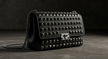 Edgy Black Leather Studded Bag with Silver Pyramid Studs and Chain Strap on Urban Concrete