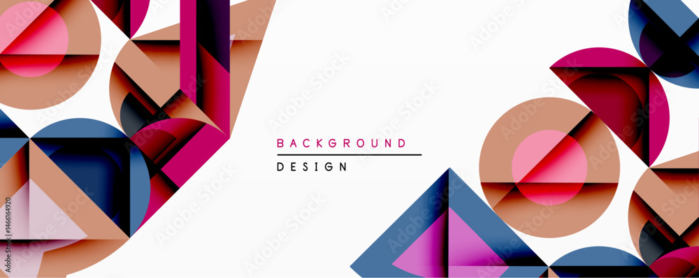 Poster abstract geometric shapes overlap, creating dynamic composition. colors include brown, blue, pink, w