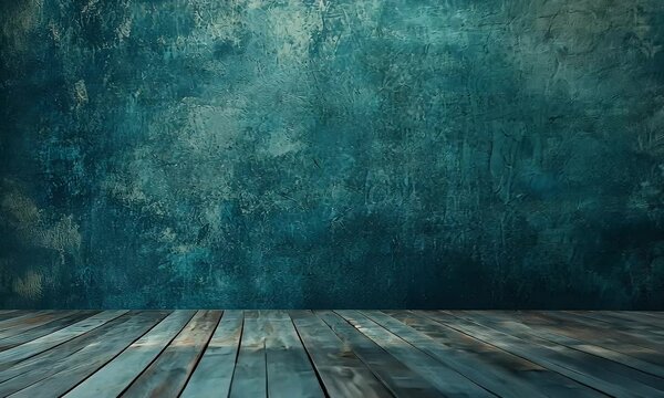A blue wall with a wooden floor in front of it, creating an empty space for product display or presentation. The background features a textured dark wood surface,