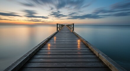 Obraz premium Wooden Pier Extending to Calm Ocean at Sunset