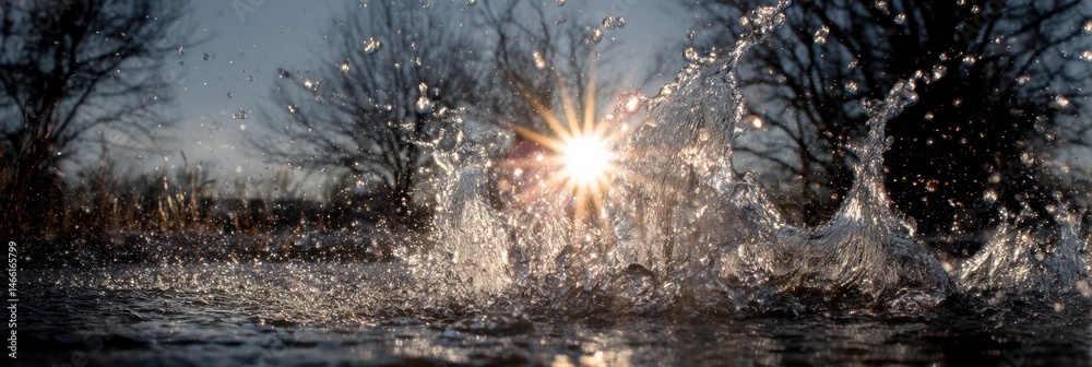 Poster frozen moment of water splash illuminated by sun rays against a backdrop of trees generative ai