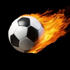 Fototapeta premium Fiery soccer ball, burning with passion. It's a soccer ball engulfed in a trail of flames, with a black and white pattern