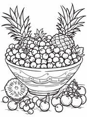 Fresh mixed fruit salad in a bowl line art design.eps