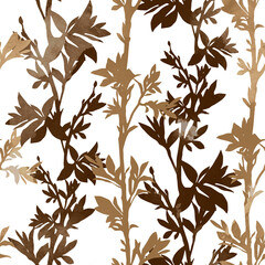 Seamless botanical pattern with leaves and flowers silhouettes and watercolor texture. Stylized leaves, soft contrast, repeating layout for surface design and textile use.
