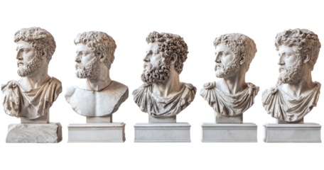 A set of hand-carved marble busts of an ancient philosopher isolated on a transparent background.