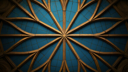 Intricate Architectural Design with Golden Elements Against a Vibrant Blue Background