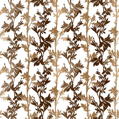Seamless botanical pattern with leaves and flowers silhouettes and watercolor texture. Stylized leaves, soft contrast, repeating layout for surface design and textile use.