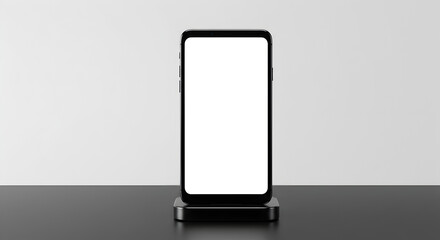 Modern Black Smartphone with Blank White Screen on Dark Stand Against Gradient White Background