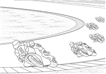 Monochrome Line Art of a Motorcycle Race, Dynamic black and white line drawing illustrating a scene from a motorcycle race. Multiple riders lean into a sharp turn on the track, depicting speed and 