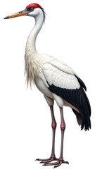 Obraz premium Majestic white and black bird with red crown standing alone isolated on white background for marketing campaigns, corporate presentations, and wildlife conservation branding with copy space for