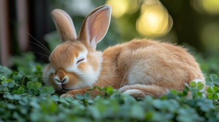 Fototapeta premium Close-up of an adorable brown rabbit sleeping curled up in a field of clover, shallow depth of field, golden hour glow, peaceful and heartwarming vibe
