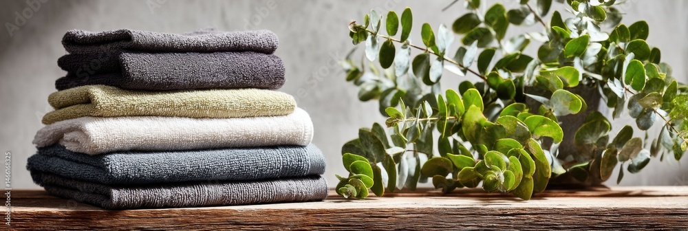 Fototapete Neatly Arranged Stack of Towels on a Wooden Bench With Vibrant Greenery in a Serene Indoor Setting Generative AI