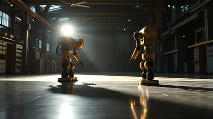 Dark Futuristic Factory with Creepy Industrial Robots on Assembly Line – AI, Automation, and Dystopian Technology, Generative Ai
