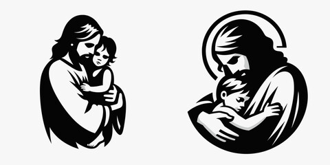 Fototapeta premium The Jesus Hugging a Child. Christian Art Nativity Crucifix Divine Salvation. Deity embracing infant sacred affection tender grace comfort.